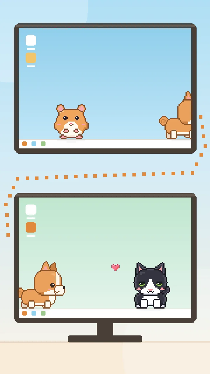 내 화면 오른쪽 끝으로 걸어 나간 코기가 아래 친구 화면 왼쪽 끝으로 걸어 들어오는 모습