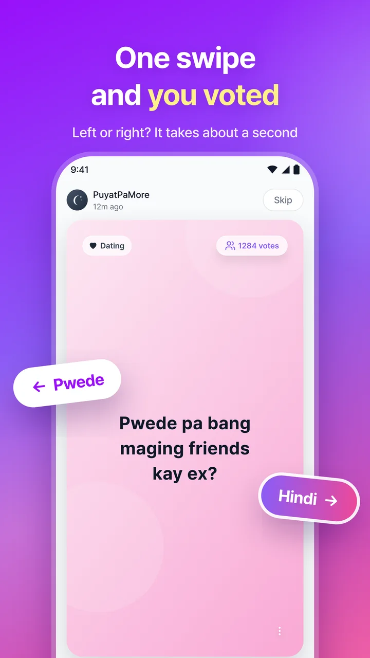 One swipe and you voted. A question card you swipe left or right to vote
