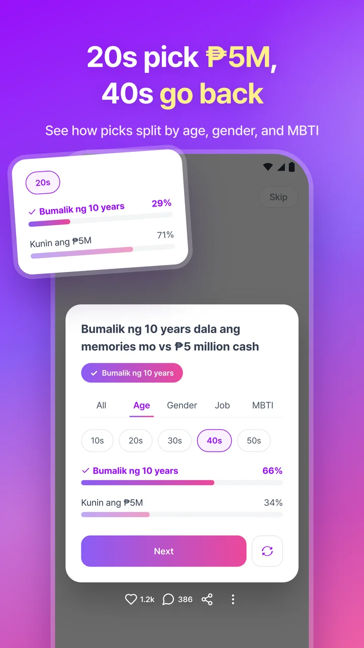 20s pick ₱5M, 40s go back. A results screen comparing choices by age group