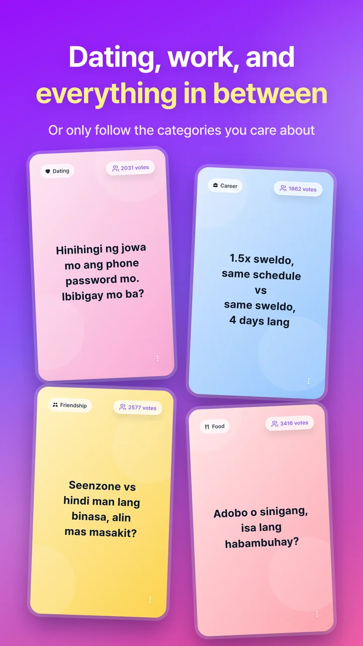 Dating, work, and everything in between. Four question cards from the dating, work, friendship, and food categories