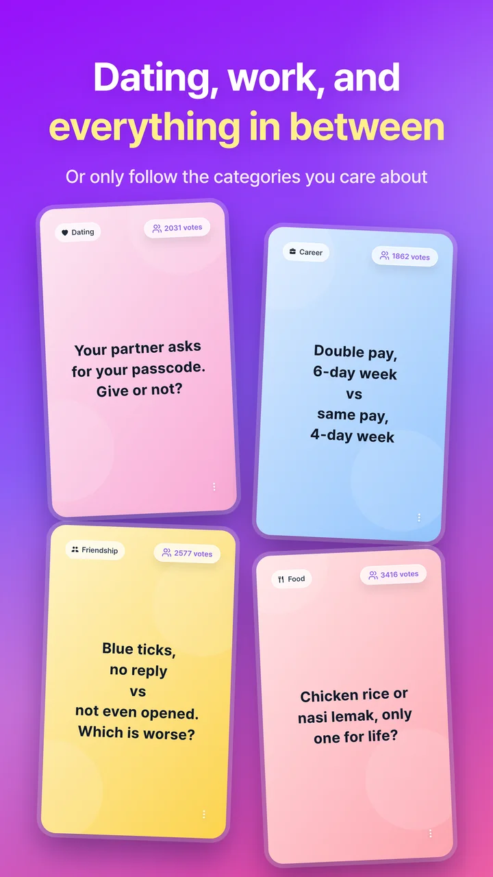 Dating, work, and everything in between. Four question cards from the dating, work, friendship, and food categories