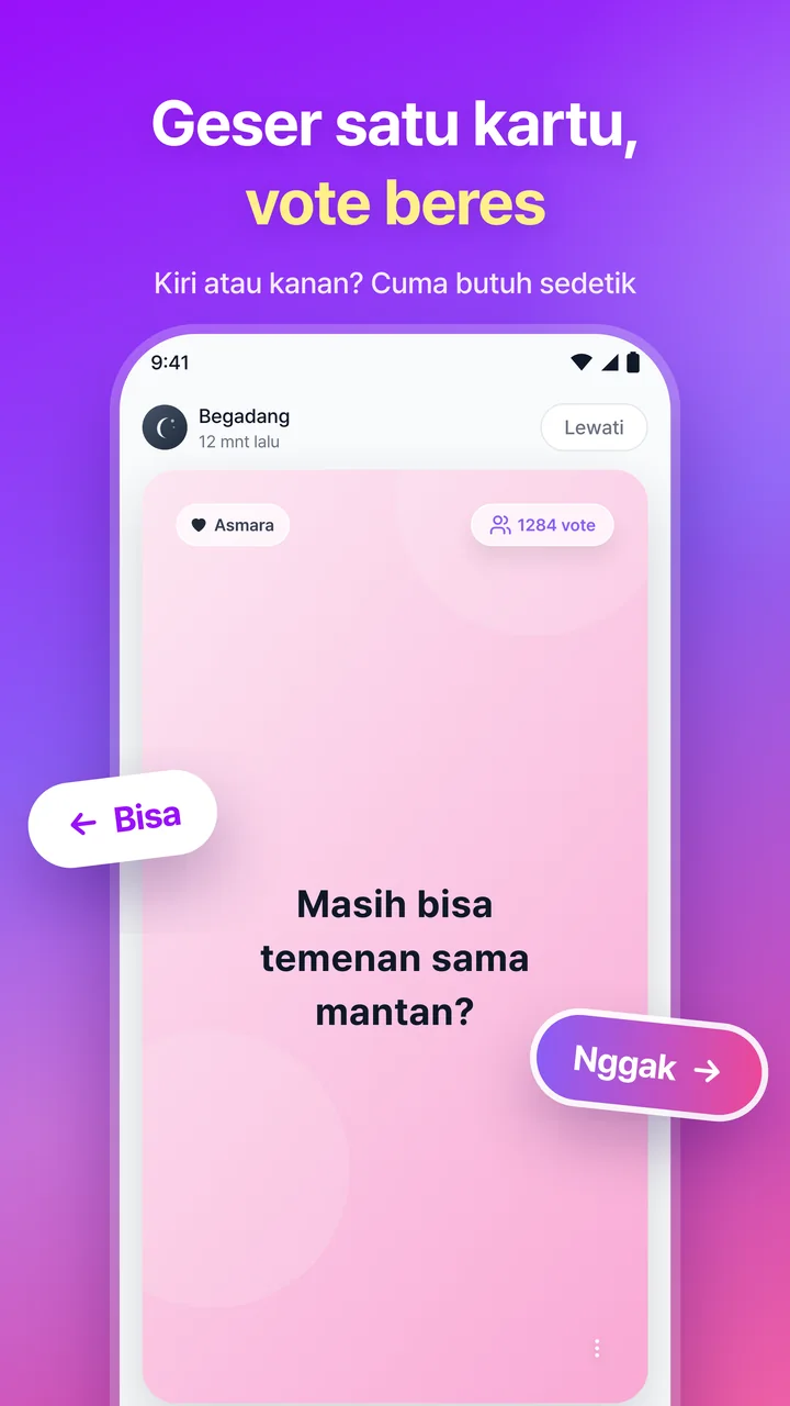 Geser satu kartu, vote beres. Layar untuk vote dengan menggeser kartu pertanyaan ke kiri atau ke kanan