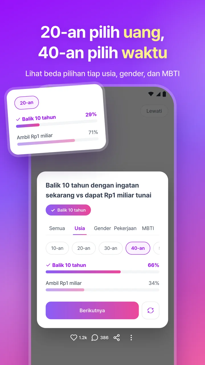 20-an pilih uang, 40-an pilih waktu. Layar hasil yang membandingkan pilihan usia 20-an dan 40-an