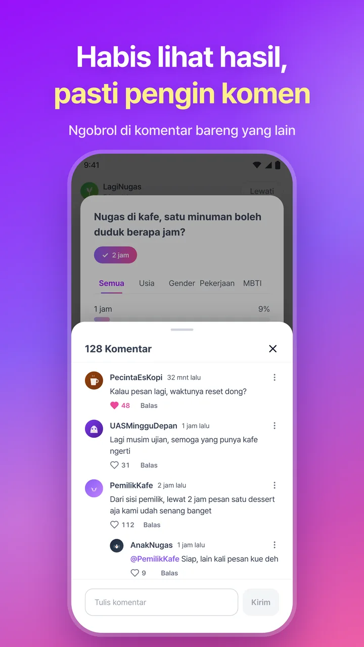 Habis lihat hasil, pasti pengin komen. Komentar dan balasan yang terbuka di atas hasil voting