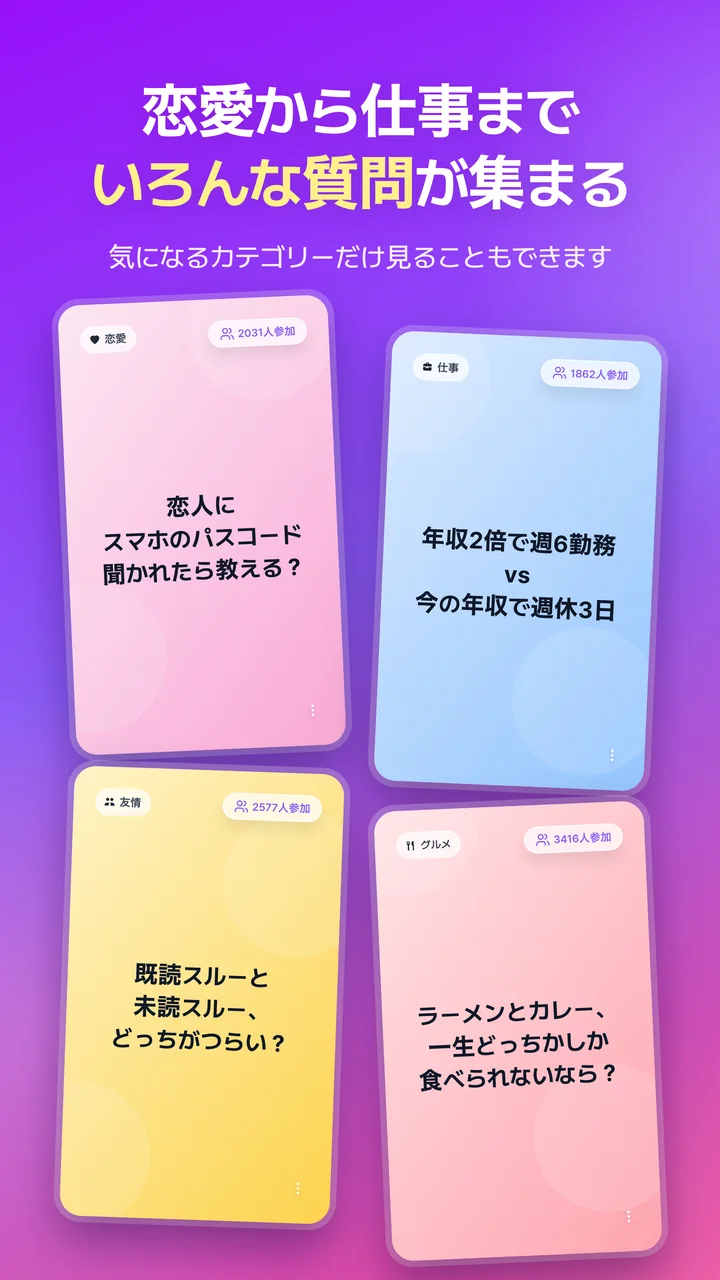 恋愛から仕事までいろんな質問が集まる。恋愛・仕事・友情・食べ物のカテゴリーの質問カード4枚
