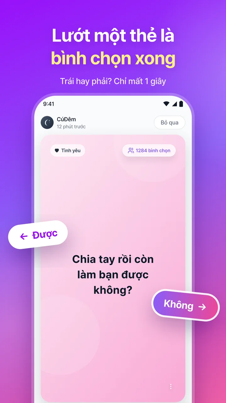 Lướt một thẻ là bình chọn xong. Màn hình vuốt thẻ câu hỏi sang trái hoặc phải để bình chọn