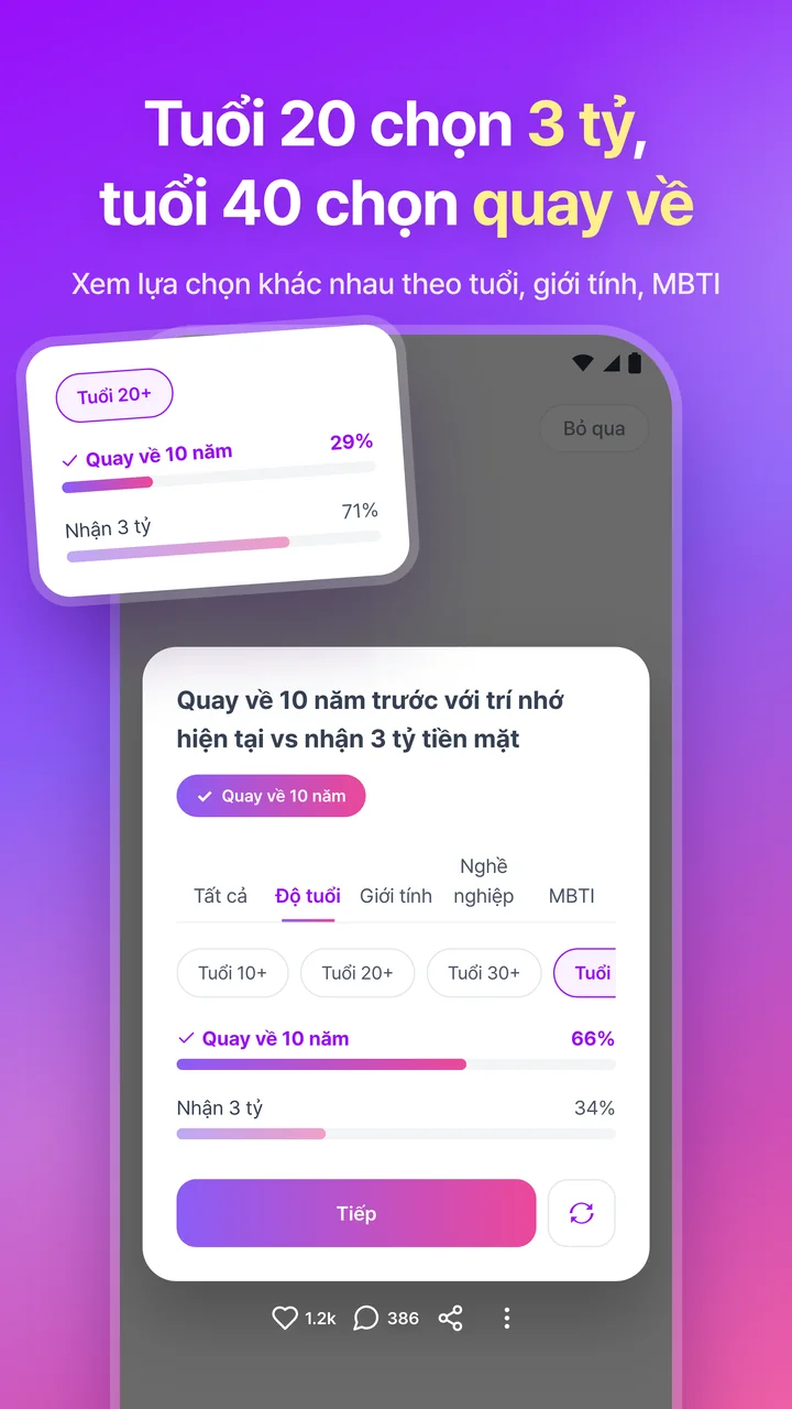 Tuổi 20 chọn 3 tỷ, tuổi 40 chọn quay về. Màn hình kết quả so sánh lựa chọn của nhóm tuổi 20 và tuổi 40