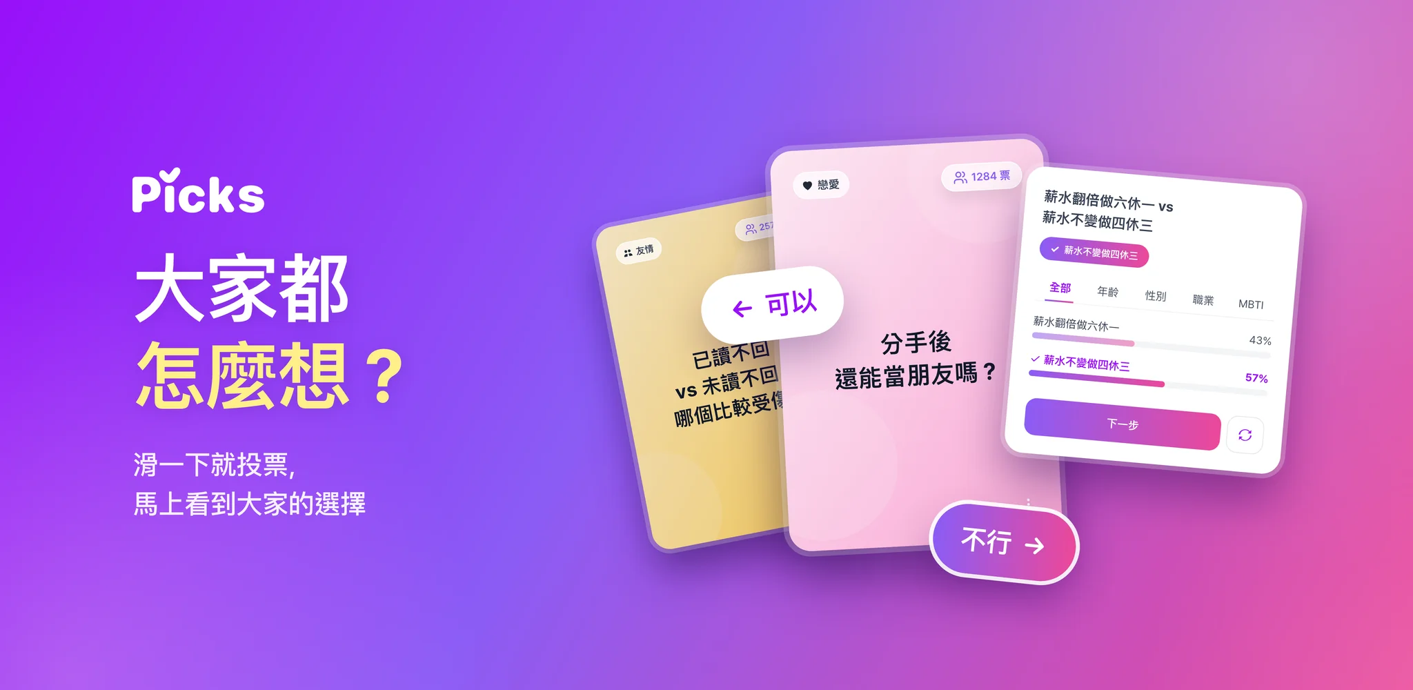Picks 宣傳圖。大家都怎麼想?滑一下就投票,馬上看到大家的選擇。可以滑動投票的兩張問題卡片和一張投票結果卡片